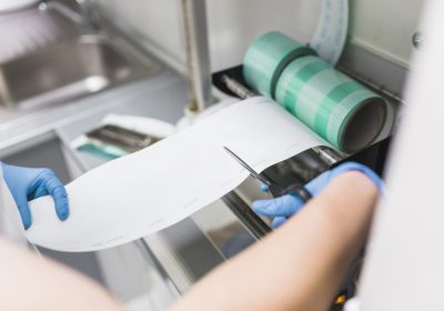 nurse cutting plastic from pouch sealer packaging machinery
